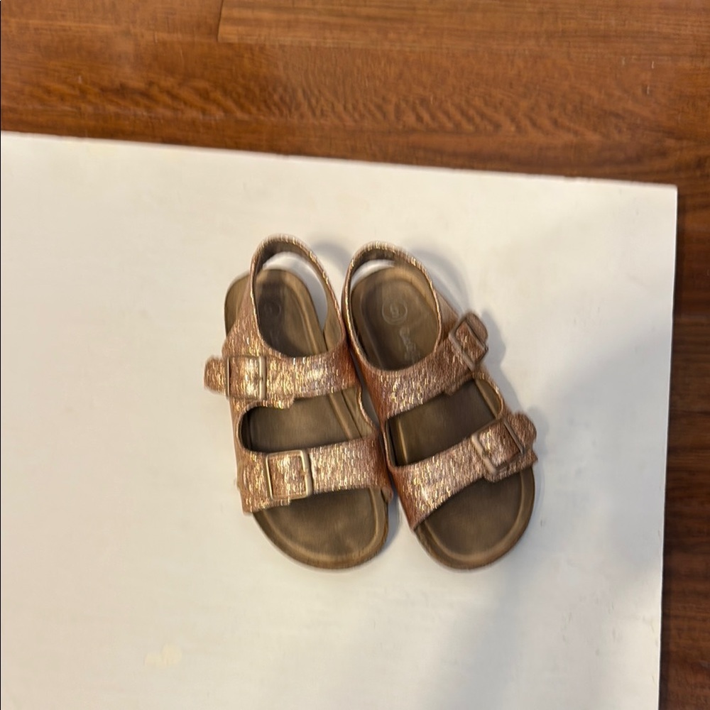 Gold Sandals with Adjustable Buckle Straps and Contoured Footbed